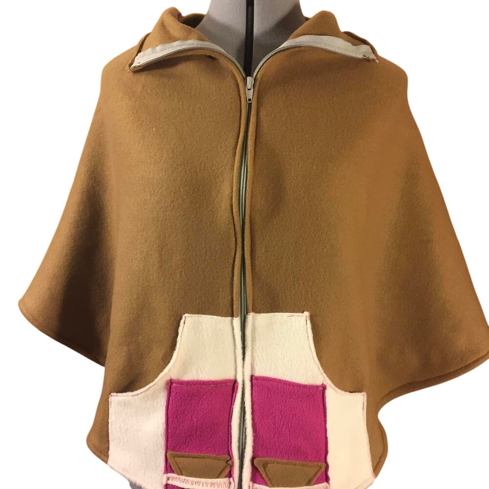 Womens Poncho Size Small Brown Pink Cream Handmade Indy Festival Artisan Western